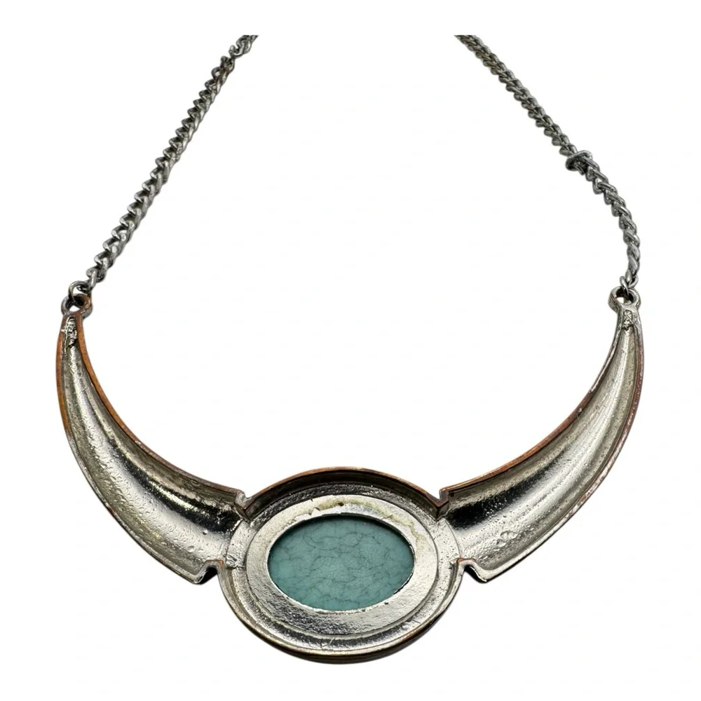 Vintage Silver-Tone Crescent Collar Necklace w/ Blue Crackle Cabochon - Picture 7 of 7